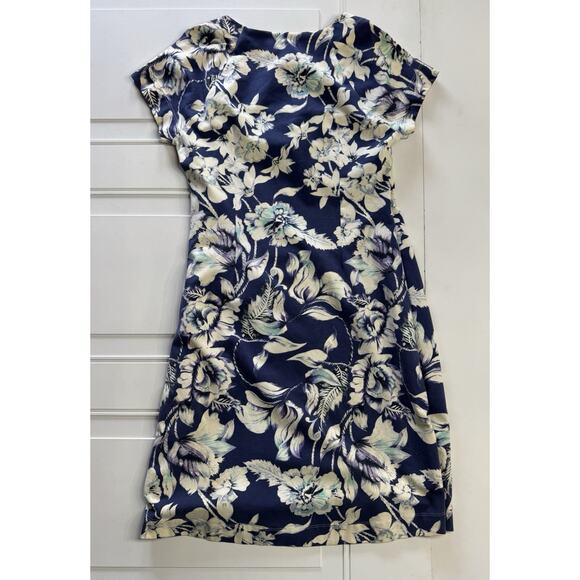 Soft Surroundings Blue White Floral Faux Wrap Dress Medium Cap Sleeve Ruched - Picture 6 of 7